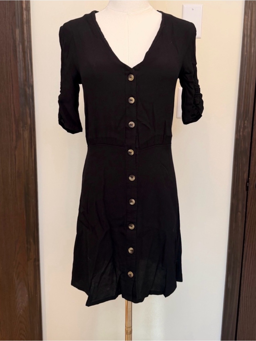 H&M V-Neck Classic Black Button-Front Women’s Midi Dress